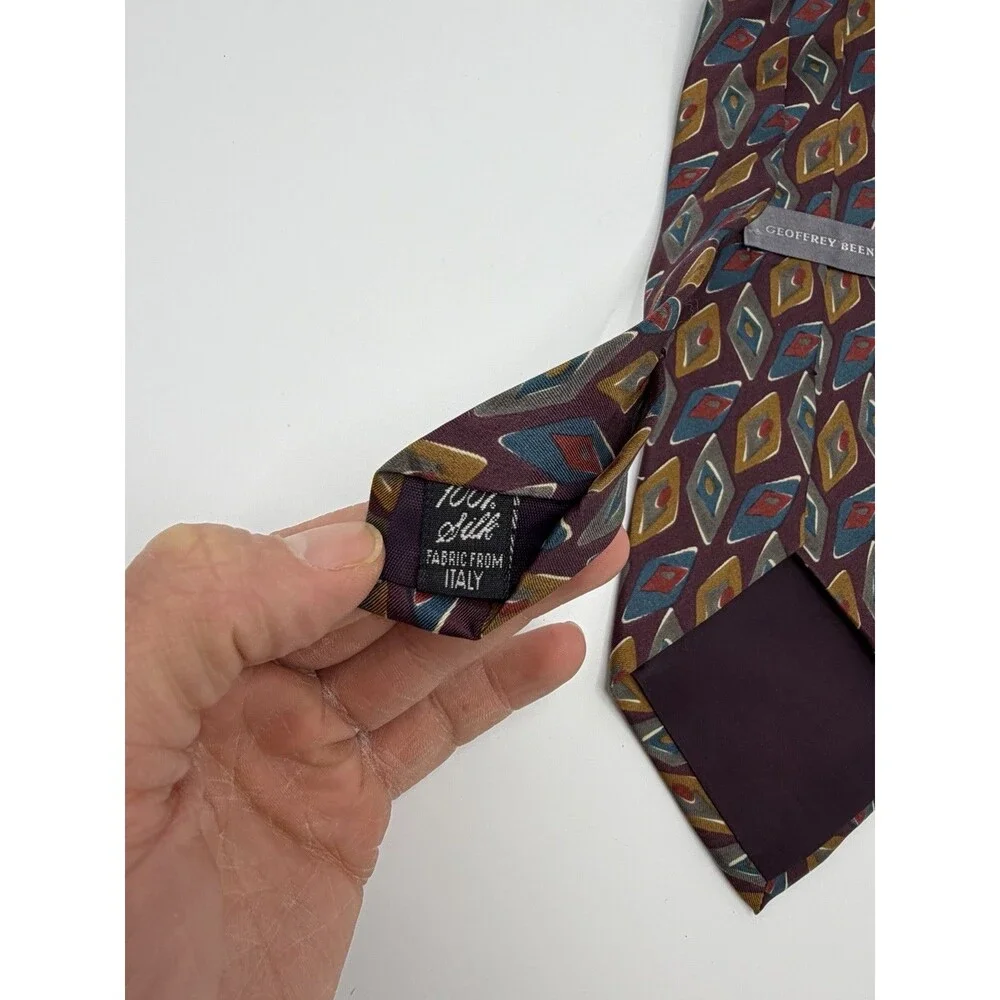 Vtg Geoffrey‎ Beene Tie Abstract Diamonds Geometric Multicolor Silk USA Made 56”